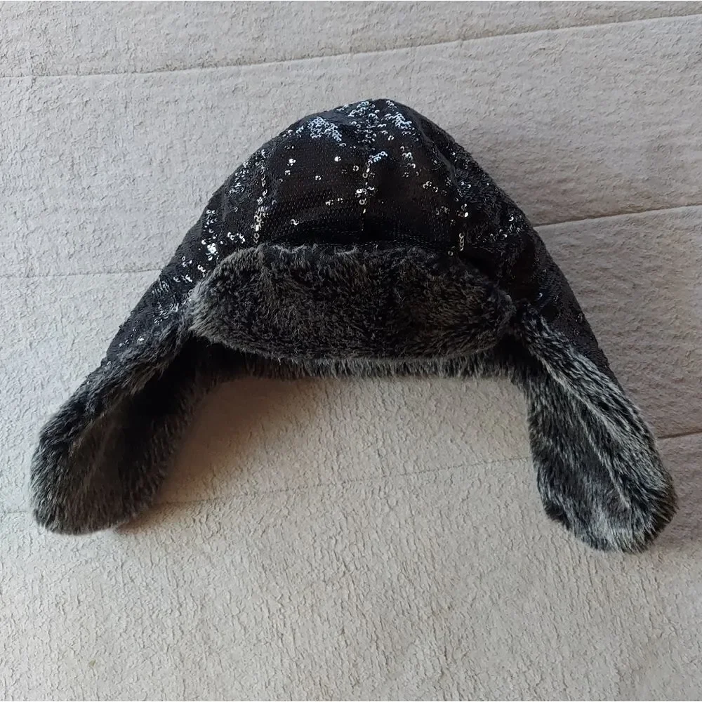 Toby Black Silver Sequin Trapper Hat Faux Fur  Kids Size 7-16